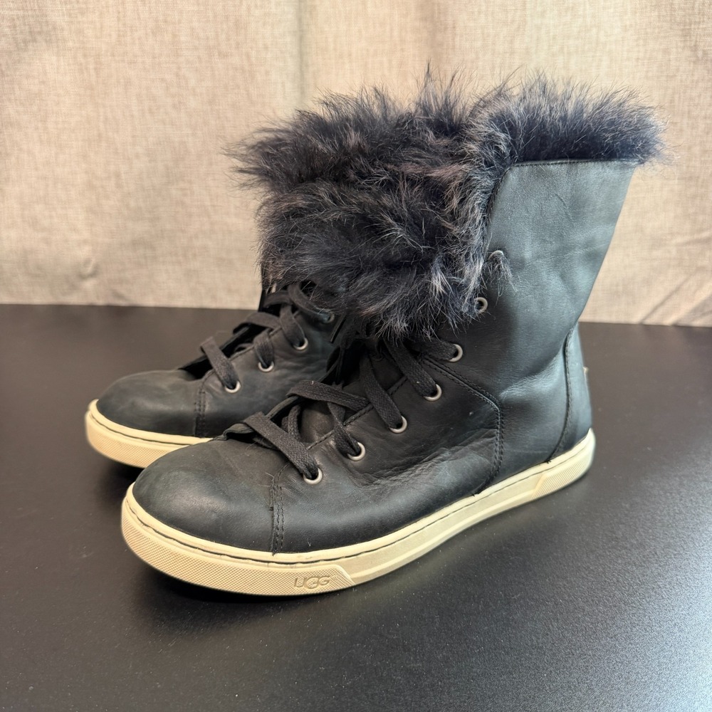 UGG High-Top Sneaker Boot Women 10 Black Faux Fur Leather Lace-Up 1008473 Causal